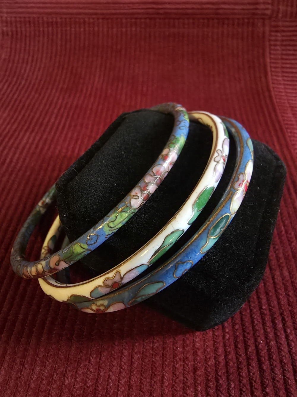 Vintage Cloisonné Floral Enamel Bangle Set - Blue, White, Green, Pink